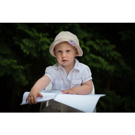 Drapp pöttyös baby kalap Mini 48 cm-es fejkör