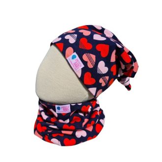 Csomós sapka, szíves, kék-rózsaszín